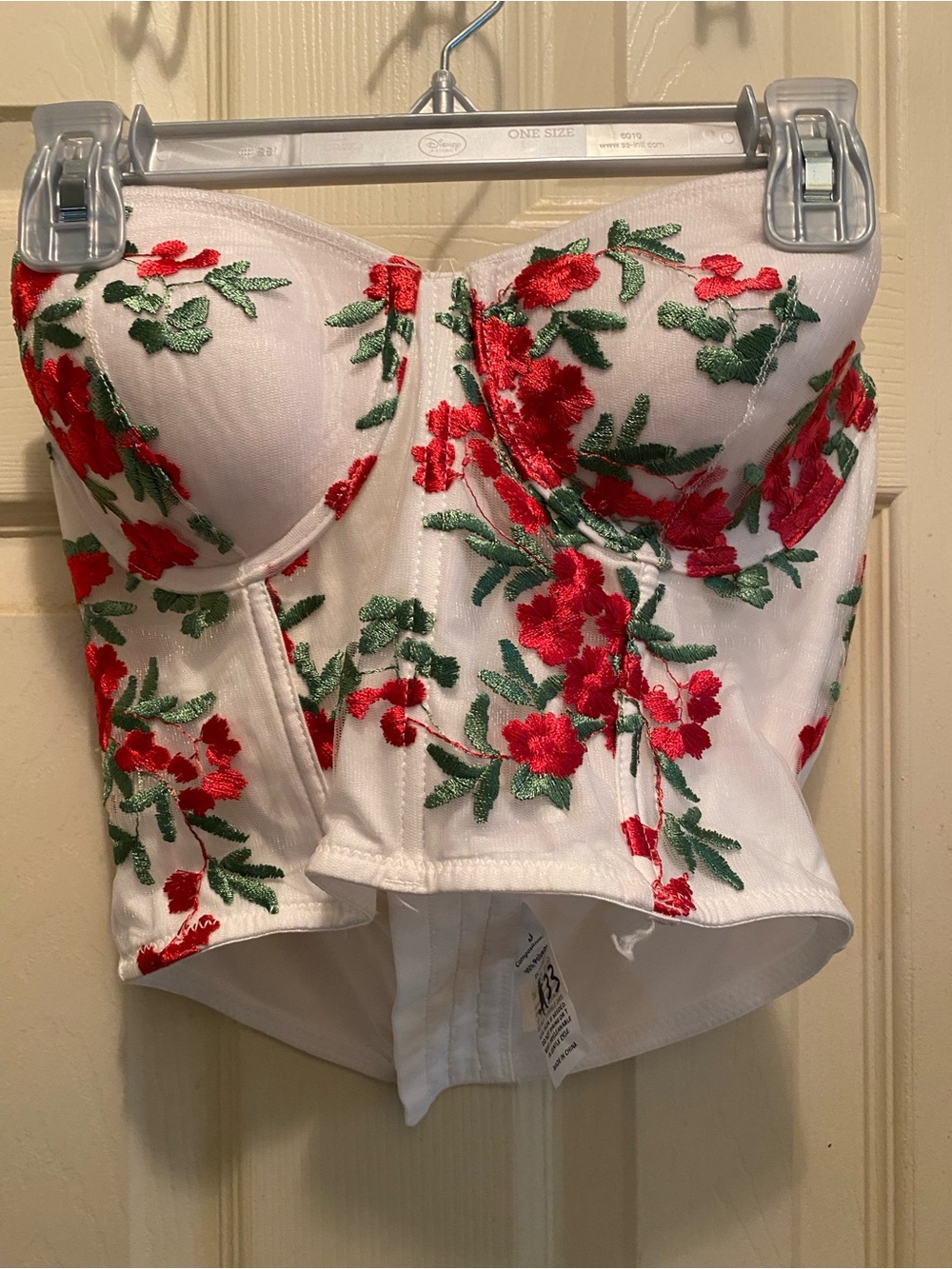 White Floral Embroidered Bustier Crop Top - Red & Green Applique